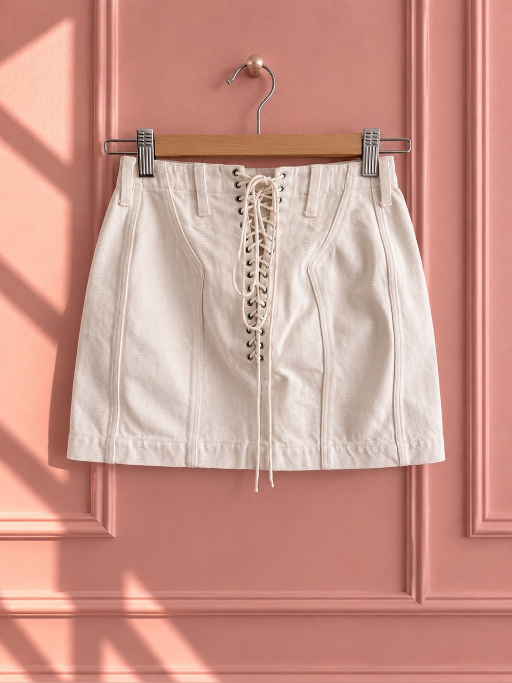 RARE Vintage Alaïa S/S 1991 Cream Denim Skirt With Back Lace-Up Detail Size 40